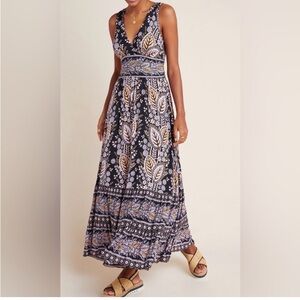 Maeve by Anthropologie Giulietta Maxi Dress Black Boho Fit Cutout Back L/XL